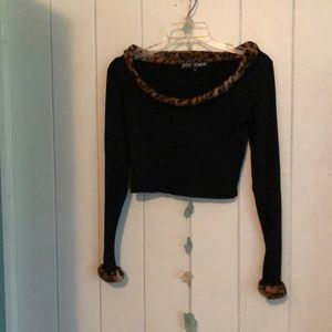 Betsey Johnson spandex top with leopard fur collar & sleeves